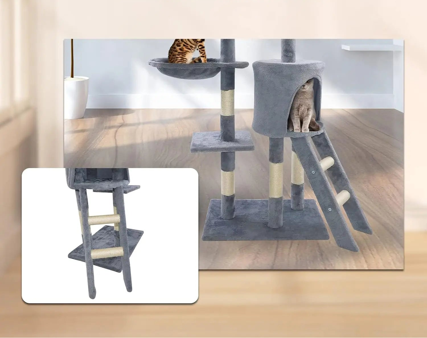 Cat tree with auxiliary stairs for easier access to the top.