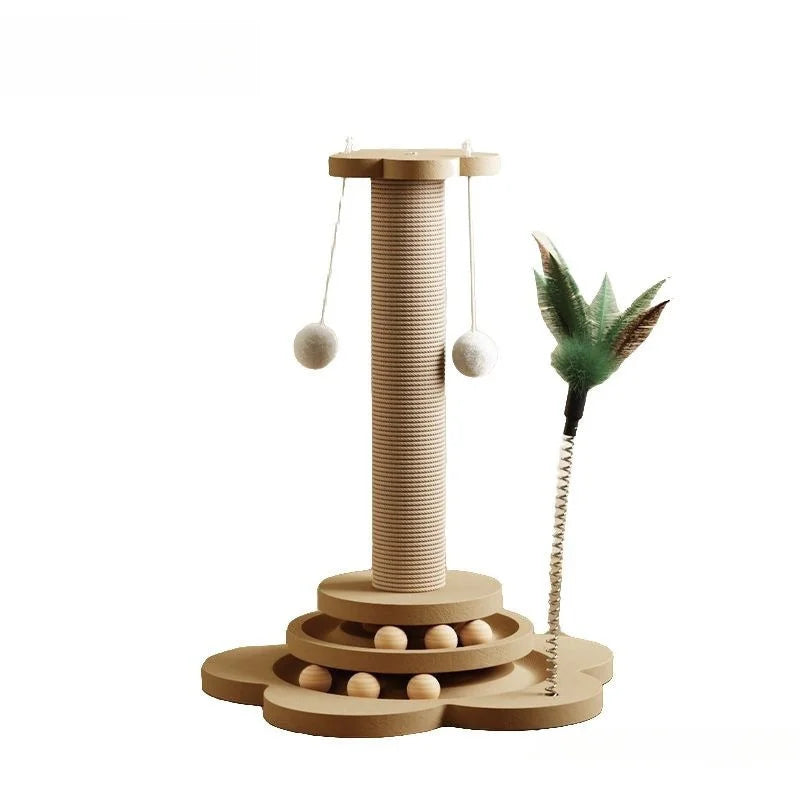 Wooden cat toy with scratching post, balls, and feather toy on a white background