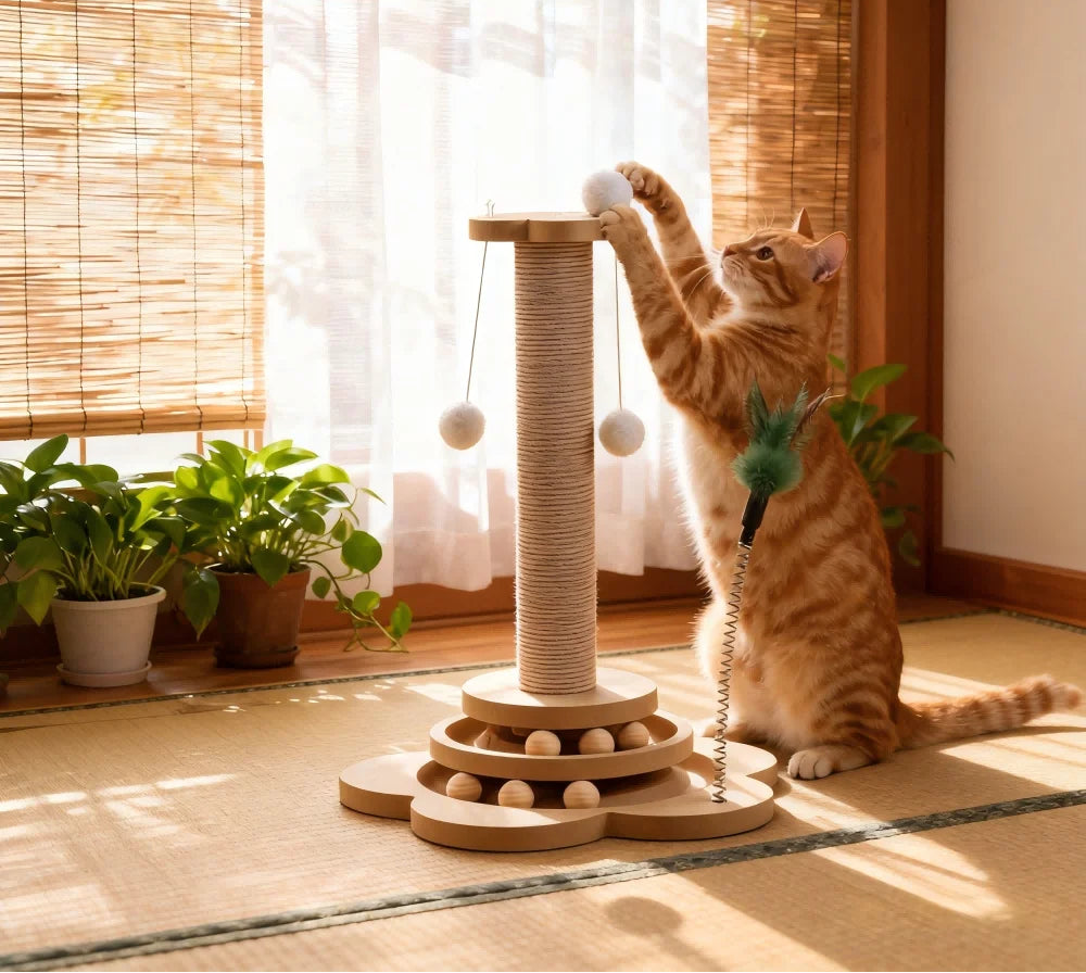 Cat playing with a scratching post in a home setting with plants and a window.