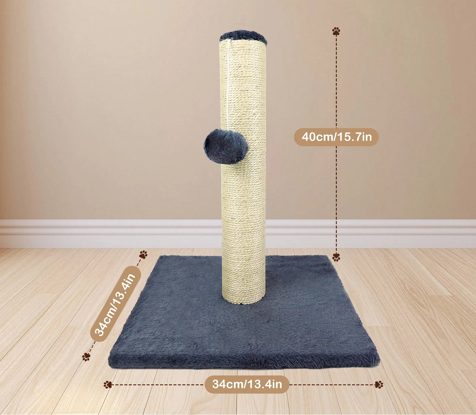 Cat scratching post with measurements on a wooden floor against a beige wall.