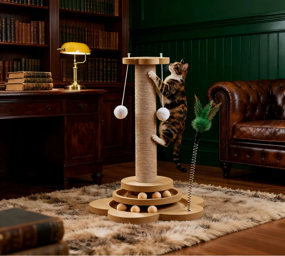 Cat playing with aHomefish cat tree in a cozy living room.