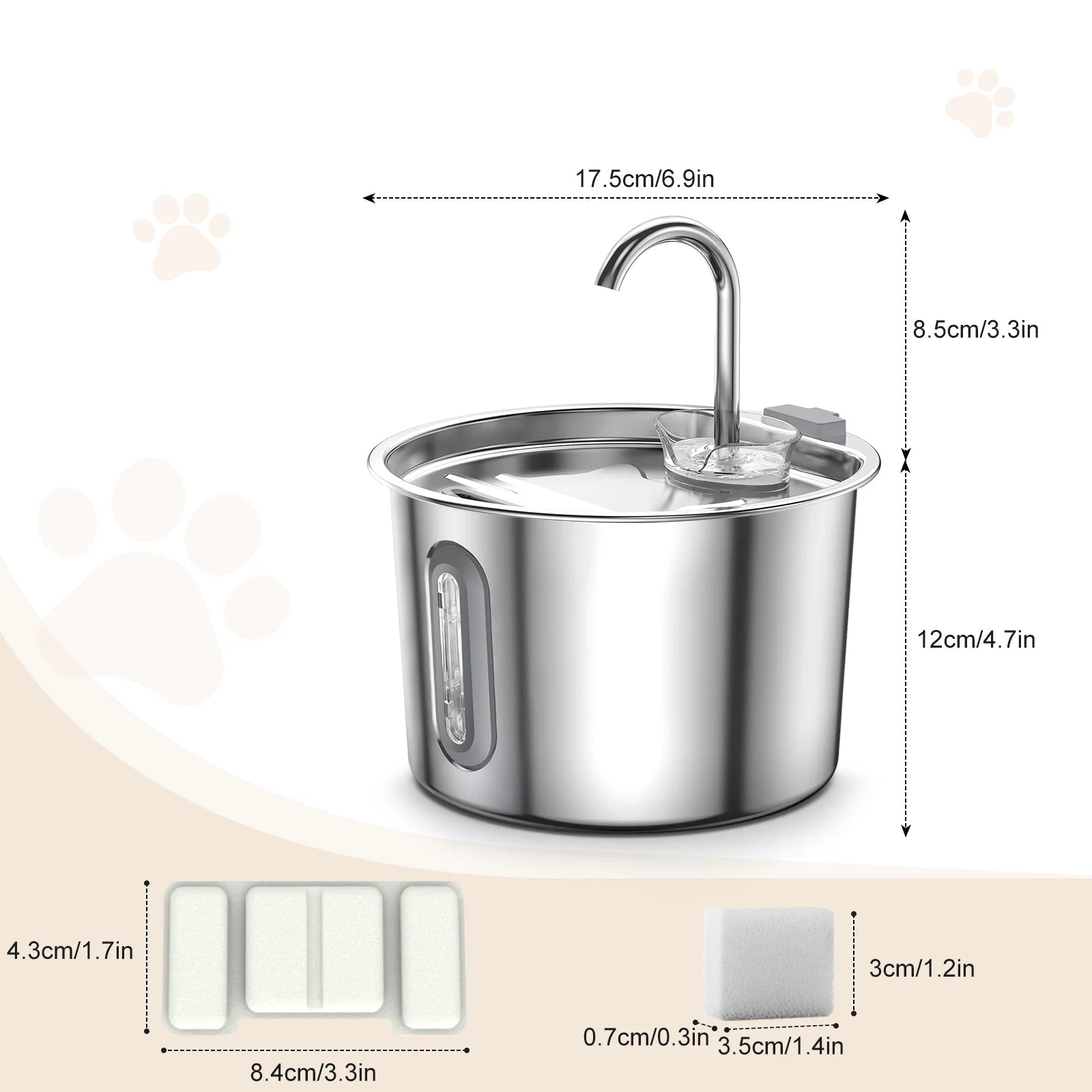 Stainless steel water dispenser with dimensions labeled on a beige background