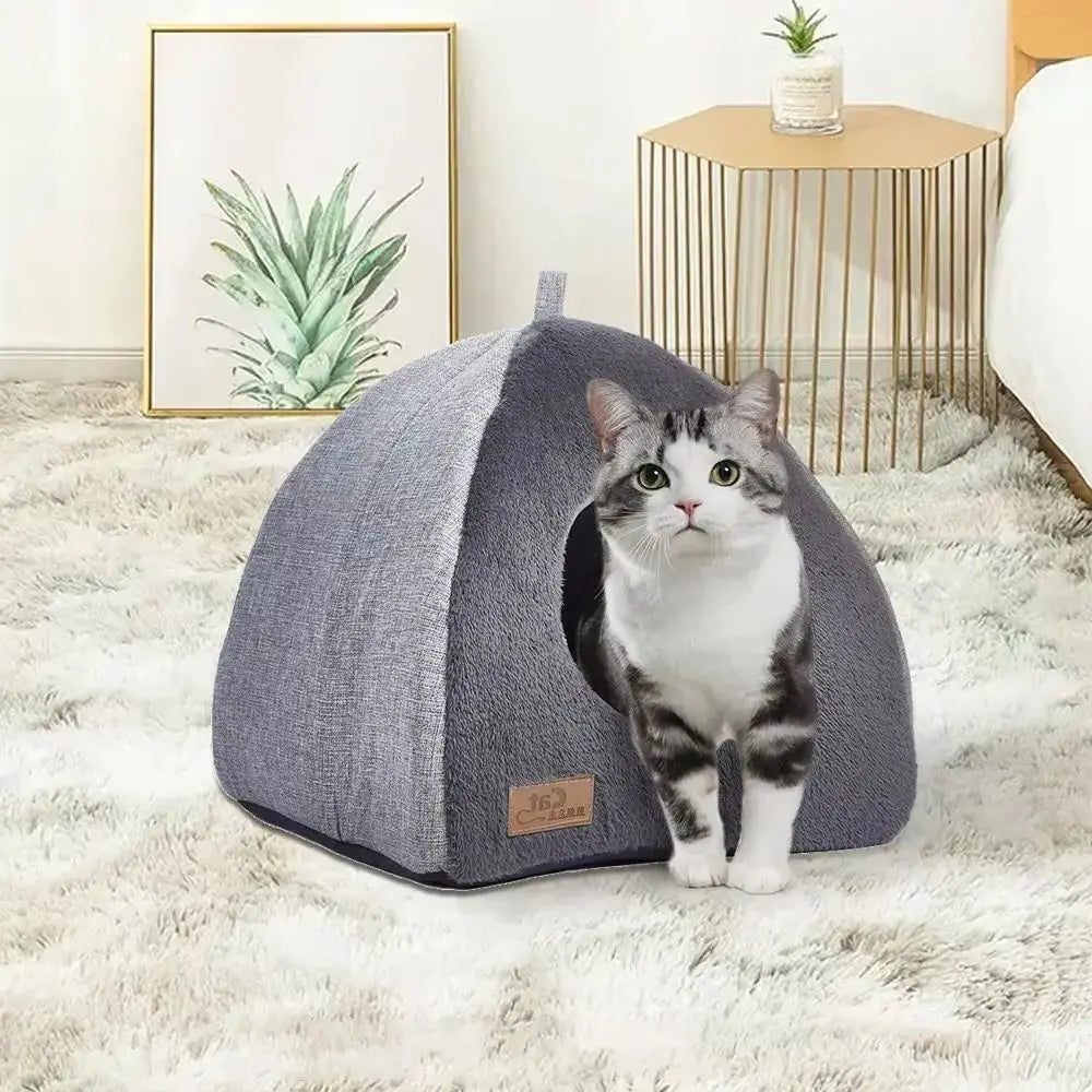 Triangular Plush Cat House with Soft Bed