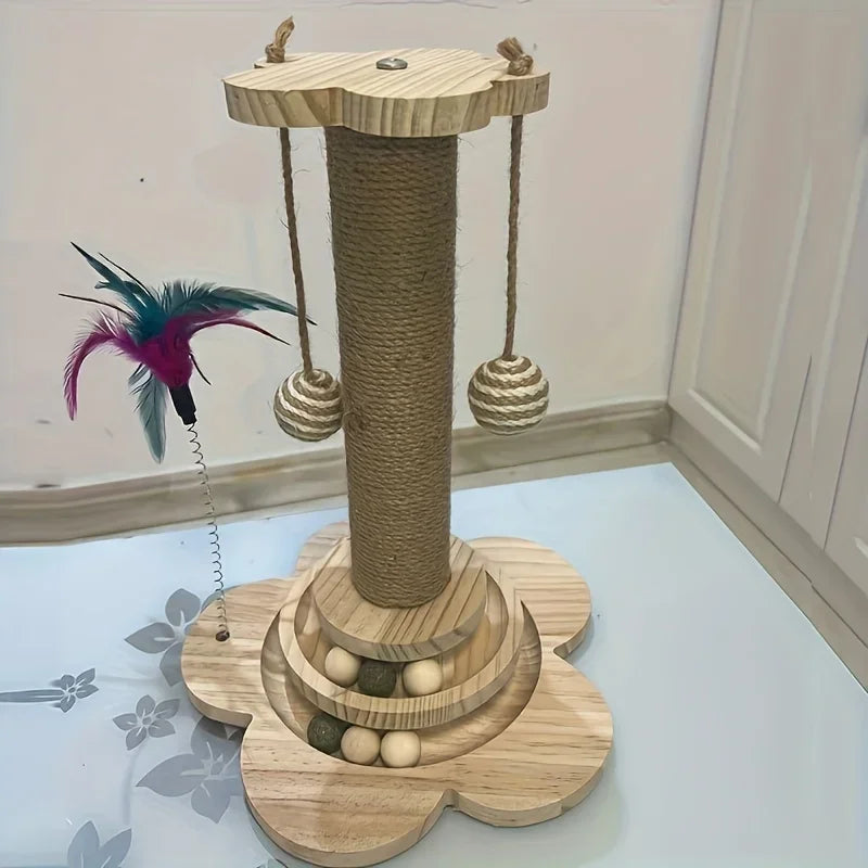 Solid Wood Cat Turntable Scratcher & Teaser Toy