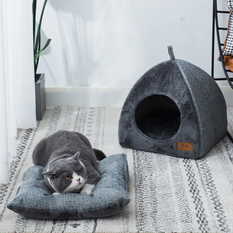 Triangular Plush Cat House with Soft Bed