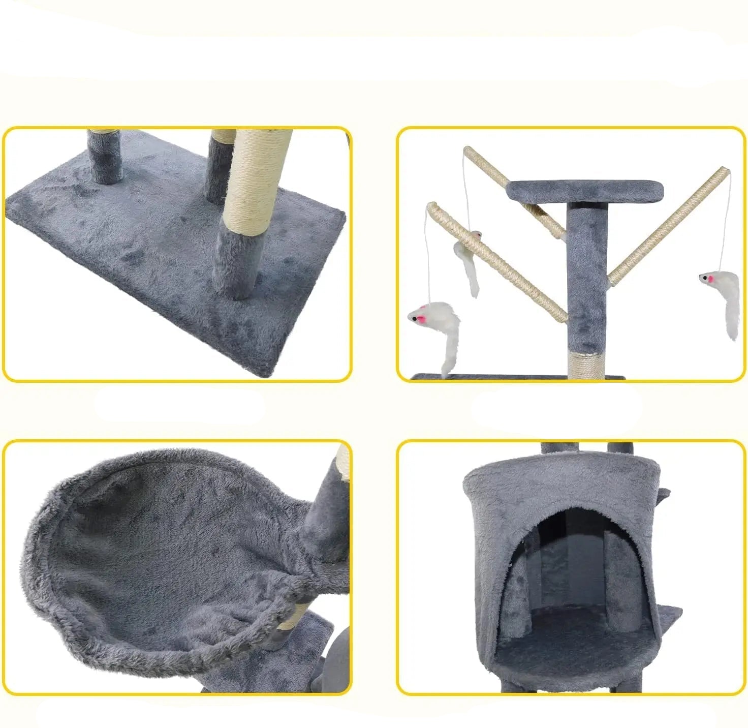 Cat tree with thick base, funny toy, cat spoon nest, and full surround cat nest.