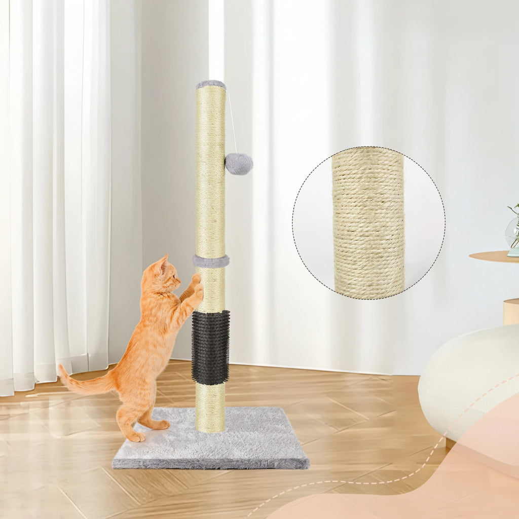 Cat climbing on a multi-functional scratching post with text about wear-resistance and scratch-resistance.