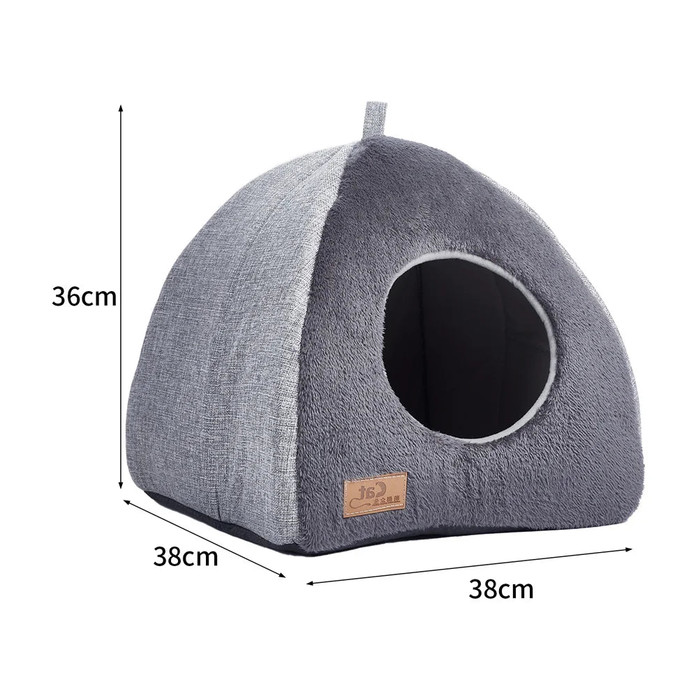 Triangular Plush Cat House with Soft Bed