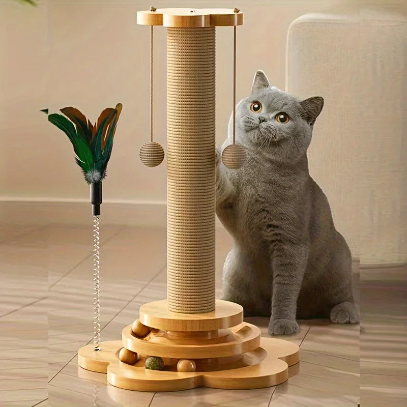 Solid Wood Cat Turntable Scratcher & Teaser Toy
