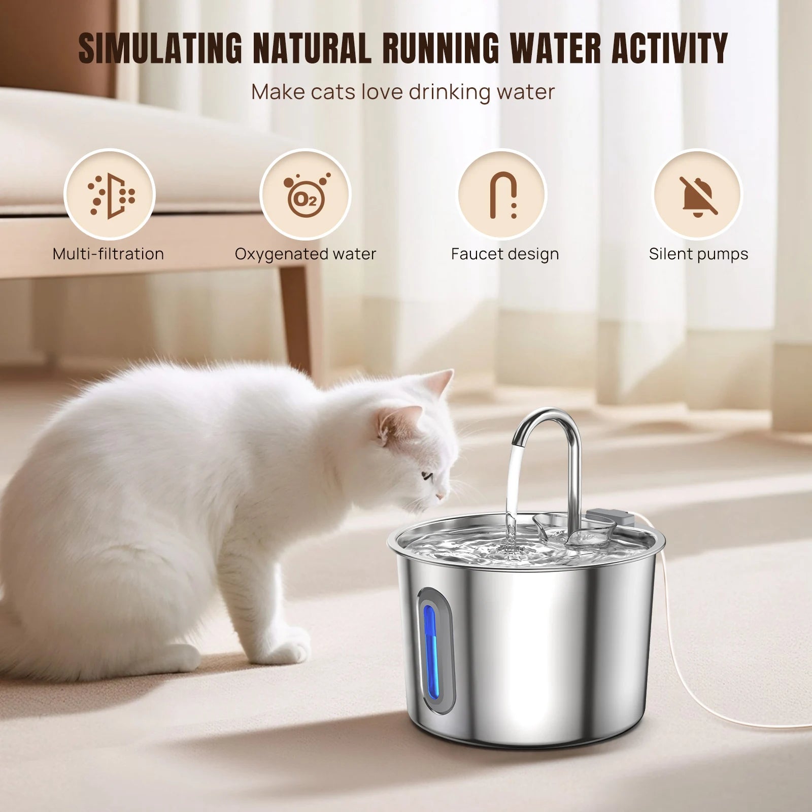 2.2L Smart Stainless Steel Cat Water Fountain