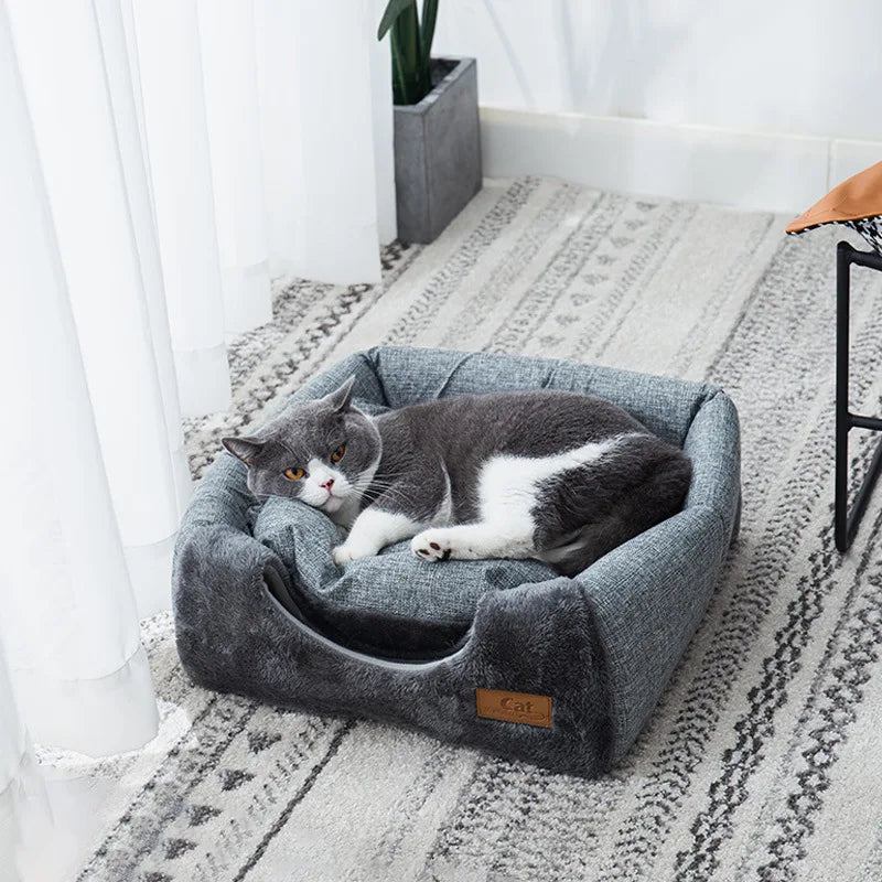 Triangular Plush Cat House with Soft Bed
