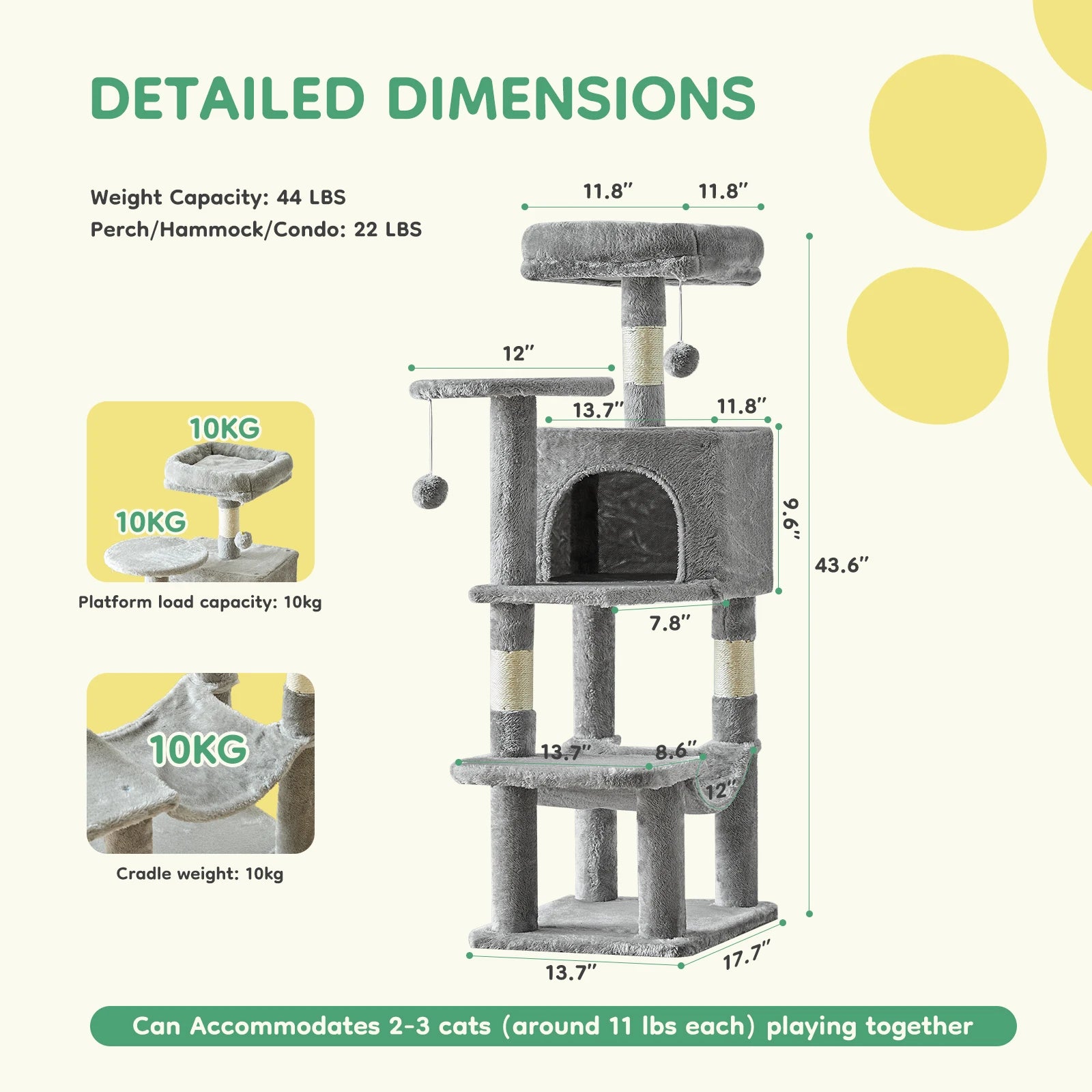 44" Cat Tower with Scratching Posts