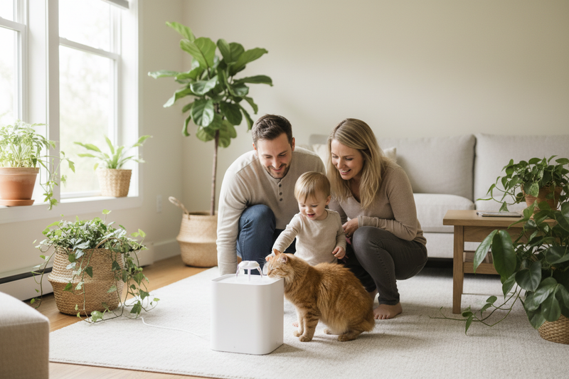 Family with cat and water fountain