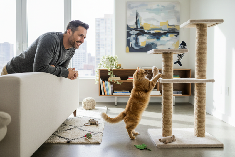 Man with cat, scratching post and catnip toys
