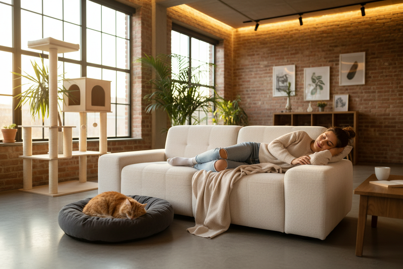 Person with cat bed and tree in apartment